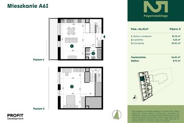Rzut - Mieszkanie na sprzedaż 1 pokój o powierzchni 66,41 m² - numer POGO2/A/6I w Pogonowskiego 52