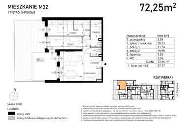 Rzut - Mieszkanie na sprzedaż 3 pokoje o powierzchni 72,25 m² - numer M32 w Finezja