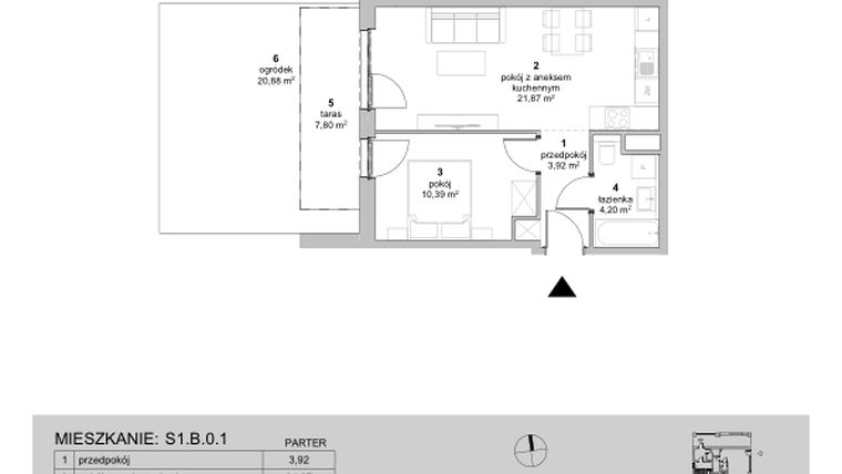 Rzut - Mieszkanie na sprzedaż 2 pokoje o powierzchni 40,38 m² - numer S1.B.0.1 w ATAL Idea Swarzędz II