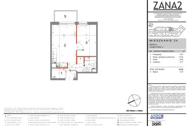 Rzut - Mieszkanie na sprzedaż 2 pokoje o powierzchni 33,34 m² - numer 24 w Zana 2