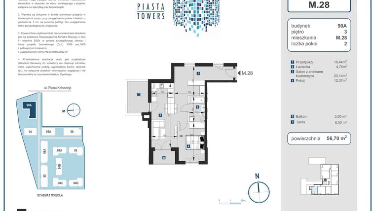 Rzut - Mieszkanie na sprzedaż 2 pokoje o powierzchni 56,7 m² - numer 28 w Piasta Towers bud. 90A