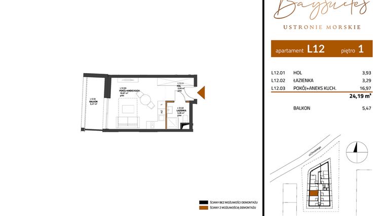 Rzut - Mieszkanie na sprzedaż 1 pokój o powierzchni 24,19 m² - numer AP.1.12 w Baysuites