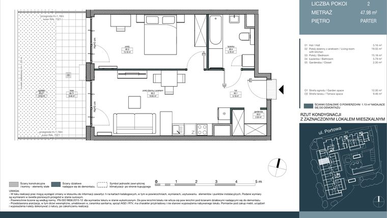 Rzut - Mieszkanie na sprzedaż 2 pokoje o powierzchni 47,98 m² - numer 60 w Portowa Zabłocie