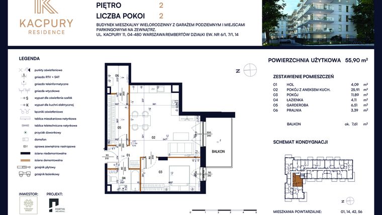 Rzut - Mieszkanie na sprzedaż 2 pokoje o powierzchni 55,9 m² - numer M28 w Kacpury Residence