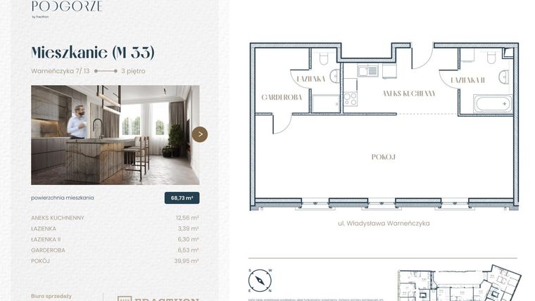 Rzut - Mieszkanie na sprzedaż 1 pokój o powierzchni 68,73 m² - numer M.33 w Stare Podgórze