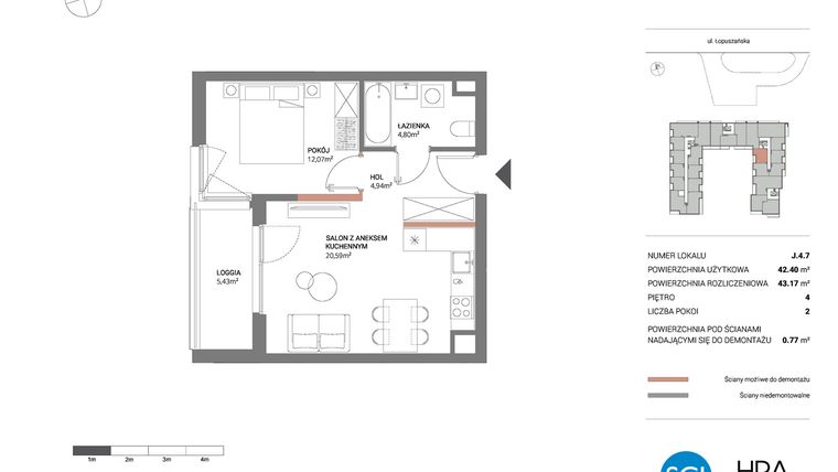 Rzut - Mieszkanie na sprzedaż 2 pokoje o powierzchni 43,17 m² - numer J.4.7 w Łopuszańska 47 - etap 3