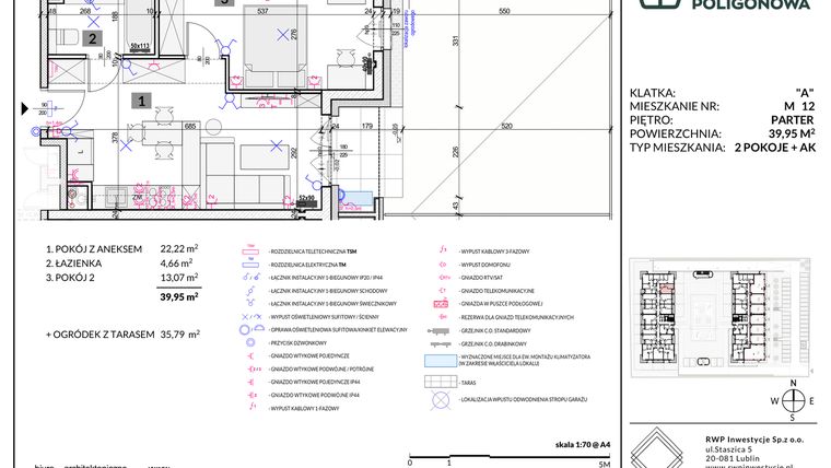 Rzut - Mieszkanie na sprzedaż 2 pokoje o powierzchni 39,95 m² - numer 12 w Apartamenty Poligonowa etap 5
