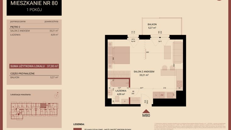 Rzut - Mieszkanie na sprzedaż 1 pokój o powierzchni 37,3 m² - numer 02.MB80 w Artepolis
