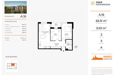 Rzut - Mieszkanie na sprzedaż 3 pokoje o powierzchni 63,31 m² - numer A.16 w Nowa Namiarkowa