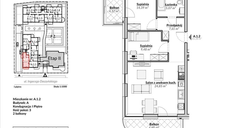 Rzut - Mieszkanie na sprzedaż 3 pokoje o powierzchni 61,38 m² - numer A.1.2 w Nowa Fregata
