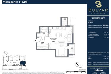 Rzut - Mieszkanie na sprzedaż 2 pokoje o powierzchni 56,78 m² - numer F.2.08 w Bulvar Apartments - etap I