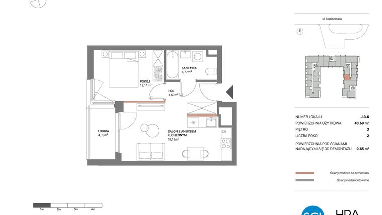 Rzut - Mieszkanie na sprzedaż 2 pokoje o powierzchni 40,69 m² - numer J.3.6 w Łopuszańska 47 - etap 3