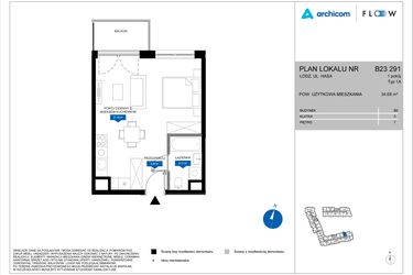 Rzut - Mieszkanie na sprzedaż 1 pokój o powierzchni 34,68 m² - numer B23 291 w Flow - bud. B2 A i bud. B2 B