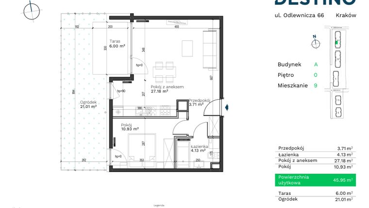 Rzut - Mieszkanie na sprzedaż 2 pokoje o powierzchni 45,95 m² - numer A-9 w Destino