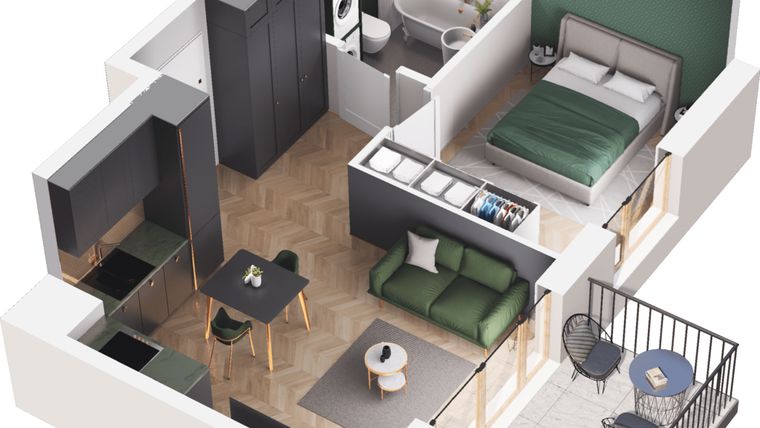 Rzut - Mieszkanie na sprzedaż 2 pokoje o powierzchni 34,33 m² - numer A4.103.M02 w Mieszkaj w mieście - Ogrody Glogera