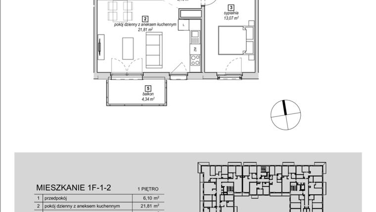 Rzut - Mieszkanie na sprzedaż 2 pokoje o powierzchni 46,97 m² - numer 1F-1-2 w Naramowice Odnova