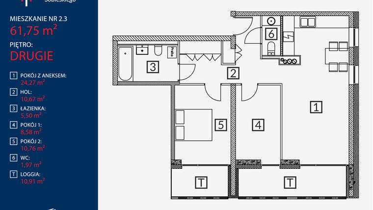 Rzut - Mieszkanie na sprzedaż 3 pokoje o powierzchni 61,75 m² - numer B2.M.2.3 w Tarasy Sobieskiego