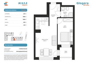 Rzut - Mieszkanie na sprzedaż 2 pokoje o powierzchni 39,16 m² - numer M II.1.2 w Glogera Bricks