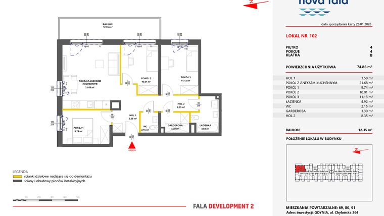 Rzut - Mieszkanie na sprzedaż 4 pokoje o powierzchni 74,95 m² - numer 102 w Miasteczko Nova Fala