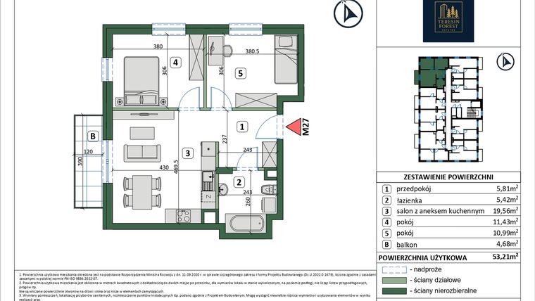 Rzut - Mieszkanie na sprzedaż 3 pokoje o powierzchni 53,21 m² - numer 27 w Osiedle przy Sportowej etap III