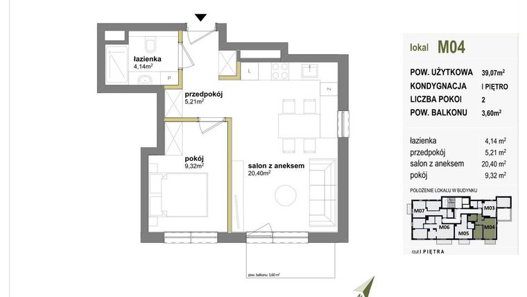 Rzut - Mieszkanie na sprzedaż 2 pokoje o powierzchni 39,07 m² - numer M04 w Międzylesie przy lesie