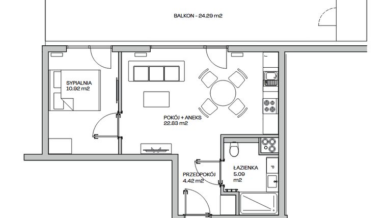 Rzut - Mieszkanie na sprzedaż 2 pokoje o powierzchni 43,26 m² - numer M9 w Zielona Marina - Apartamenty inwestycyjne