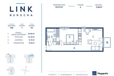 Rzut - Mieszkanie na sprzedaż 2 pokoje o powierzchni 52,21 m² - numer 14A.10 w LINK BUNSCHA