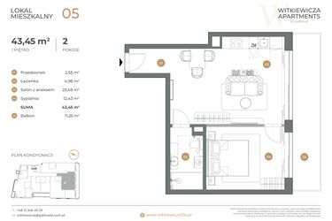 Rzut - Mieszkanie na sprzedaż 2 pokoje o powierzchni 43,45 m² - numer 5 w Witkiewicza Apartments