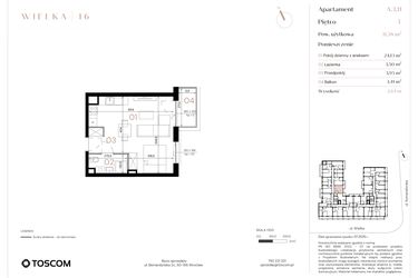 Rzut - Mieszkanie na sprzedaż 1 pokój o powierzchni 31,58 m² - numer A/3/11 w Wielka 16