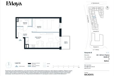 Rzut - Mieszkanie na sprzedaż 2 pokoje o powierzchni 42,64 m² - numer B1.1.M12 w EMaya