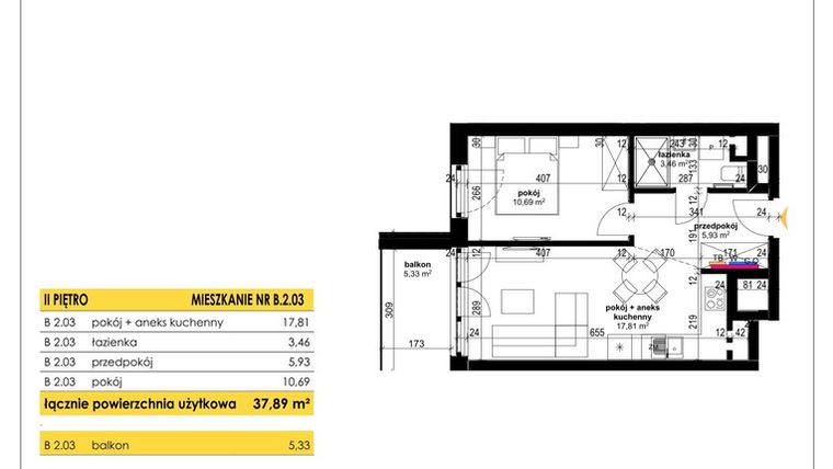 Rzut - Mieszkanie na sprzedaż 2 pokoje o powierzchni 37,89 m² - numer B 2.03 w Park Moniuszki II C