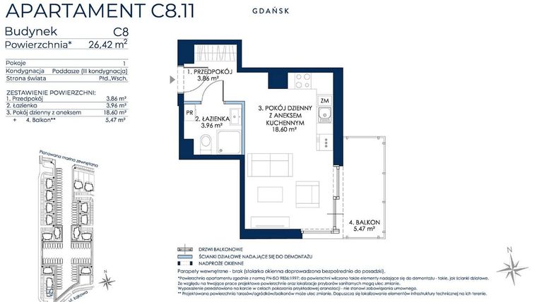 Rzut - Mieszkanie na sprzedaż 1 pokój o powierzchni 26,19 m² - numer C8.11 w Sol Marina etap III