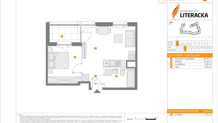 Rzut - Mieszkanie na sprzedaż 2 pokoje o powierzchni 39,49 m² - numer E.25 w Apartamenty Literacka etap 2.2