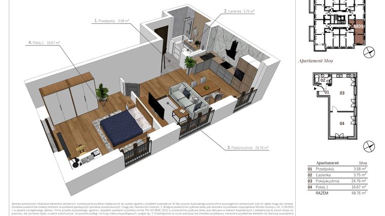 Rzut - Mieszkanie na sprzedaż 2 pokoje o powierzchni 48,76 m² - numer M09 w Przy Parku etap II