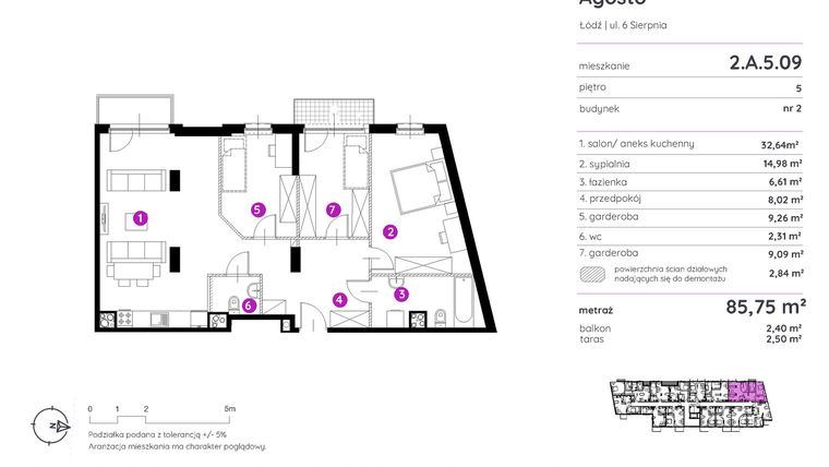 Rzut - Mieszkanie na sprzedaż 2 pokoje o powierzchni 85,51 m² - numer 2.A.5.09 w Murapol Agosto