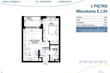 Rzut - Mieszkanie na sprzedaż 2 pokoje o powierzchni 46,13 m² - numer E.1.04 w Wzgórze Poetów 2