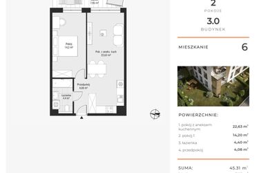 Rzut - Mieszkanie na sprzedaż 2 pokoje o powierzchni 45,33 m² - numer 6 w Bytkowska 3.0