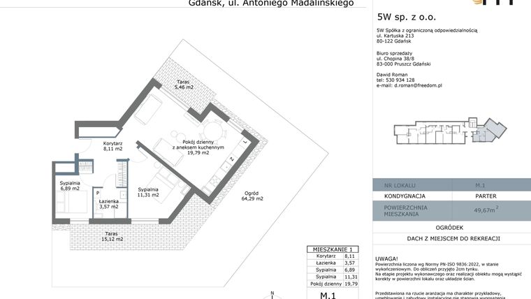 Rzut - Mieszkanie na sprzedaż 3 pokoje o powierzchni 49,67 m² - numer M01 w Madalińskiego