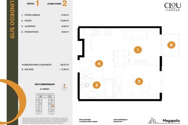 Rzut - Mieszkanie na sprzedaż 2 pokoje o powierzchni 38,07 m² - numer 19 w CLOU LINDEGO