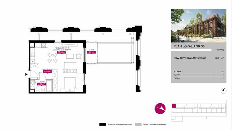Rzut - Mieszkanie na sprzedaż 1 pokój o powierzchni 46,57 m² - numer G1.35 w Fuzja Mieszkania Loftowe