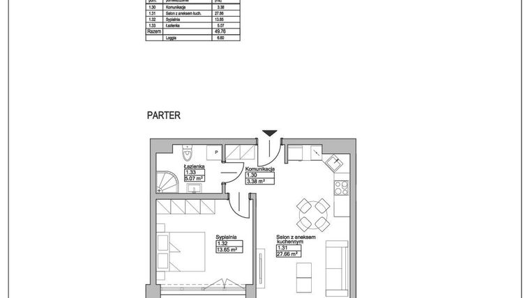Rzut - Mieszkanie na sprzedaż 2 pokoje o powierzchni 49,76 m² - numer M2 w Ogrody Reymonta