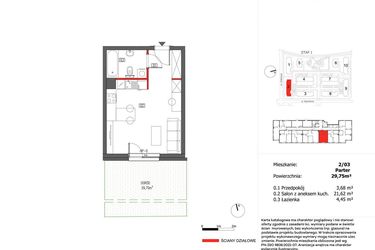 Rzut - Mieszkanie na sprzedaż 1 pokój o powierzchni 29,75 m² - numer 2/3 w Słoneczny Zakątek