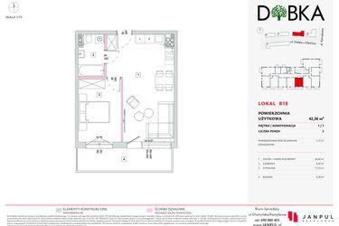 Rzut - Mieszkanie na sprzedaż 2 pokoje o powierzchni 42,56 m² - numer B18 w Dobka