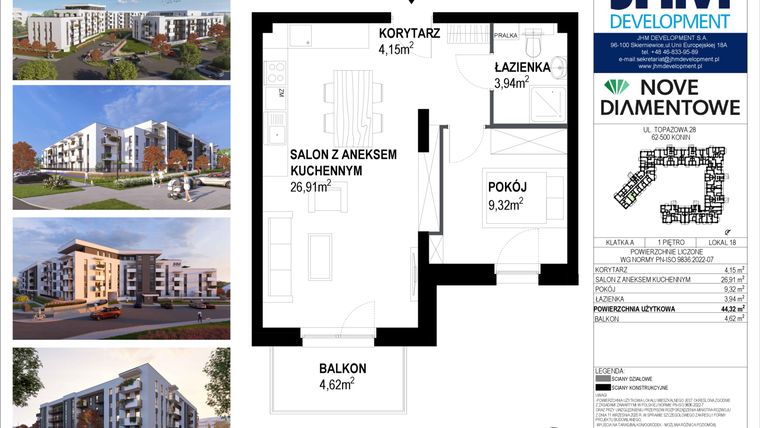 Rzut - Mieszkanie na sprzedaż 2 pokoje o powierzchni 44,32 m² - numer 18 w Nove Diamentowe
