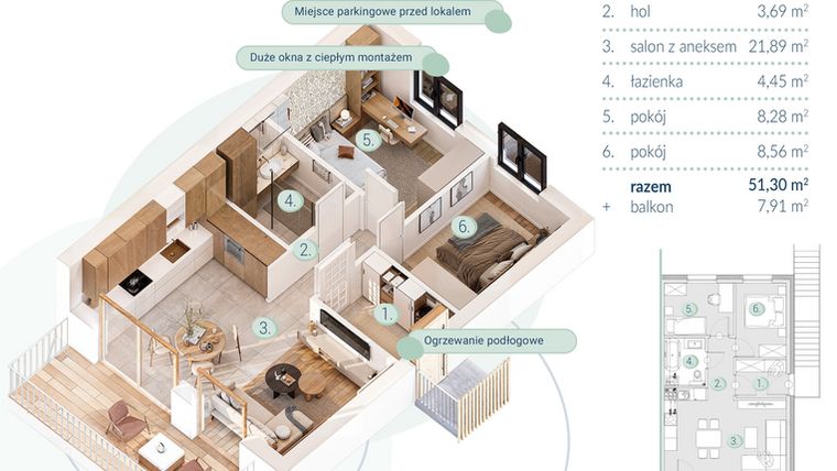 Rzut - Mieszkanie na sprzedaż 3 pokoje o powierzchni 51,3 m² - numer A.5.2 w Enklawa