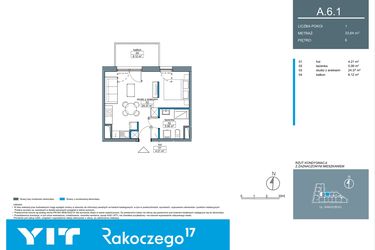 Rzut - Mieszkanie na sprzedaż 1 pokój o powierzchni 33,61 m² - numer A.6.1 w Rakoczego 17