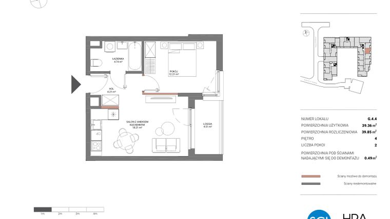 Rzut - Mieszkanie na sprzedaż 2 pokoje o powierzchni 39,85 m² - numer G.4.4 w Łopuszańska 47 - etap 2