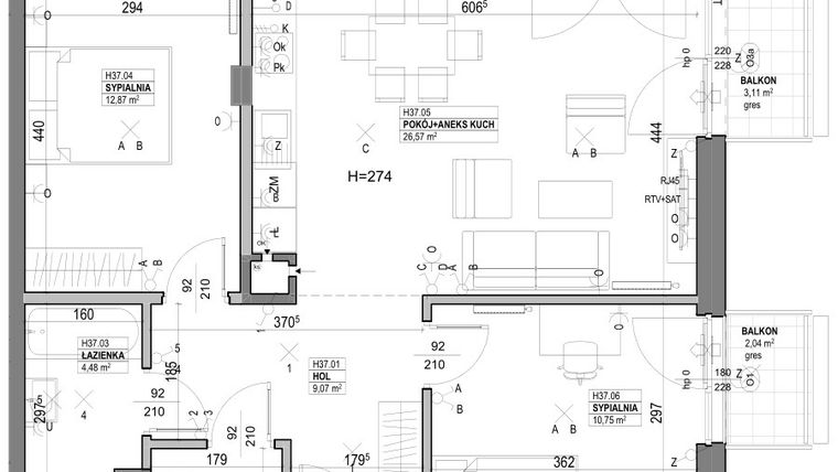 Rzut - Mieszkanie na sprzedaż 3 pokoje o powierzchni 67,96 m² - numer H37 w Miasto Ogród 6 - HELSINKI