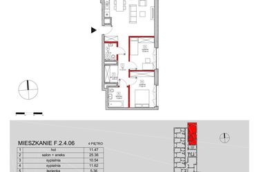 Rzut - Mieszkanie na sprzedaż 3 pokoje o powierzchni 72,47 m² - numer F.2.4.06 w ATAL SKY+ bud. D-F