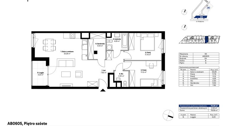 Rzut - Mieszkanie na sprzedaż 3 pokoje o powierzchni 76,03 m² - numer AB0605 w NU2 Warszawa Wola